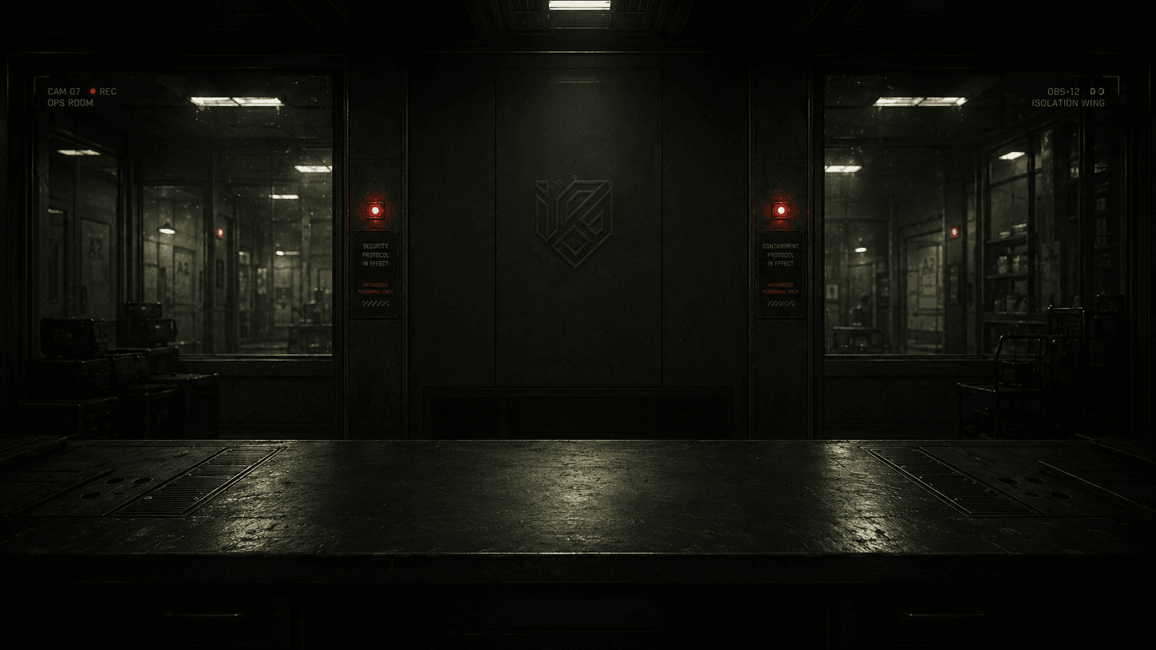 Dark operations room with observation windows and a long desk